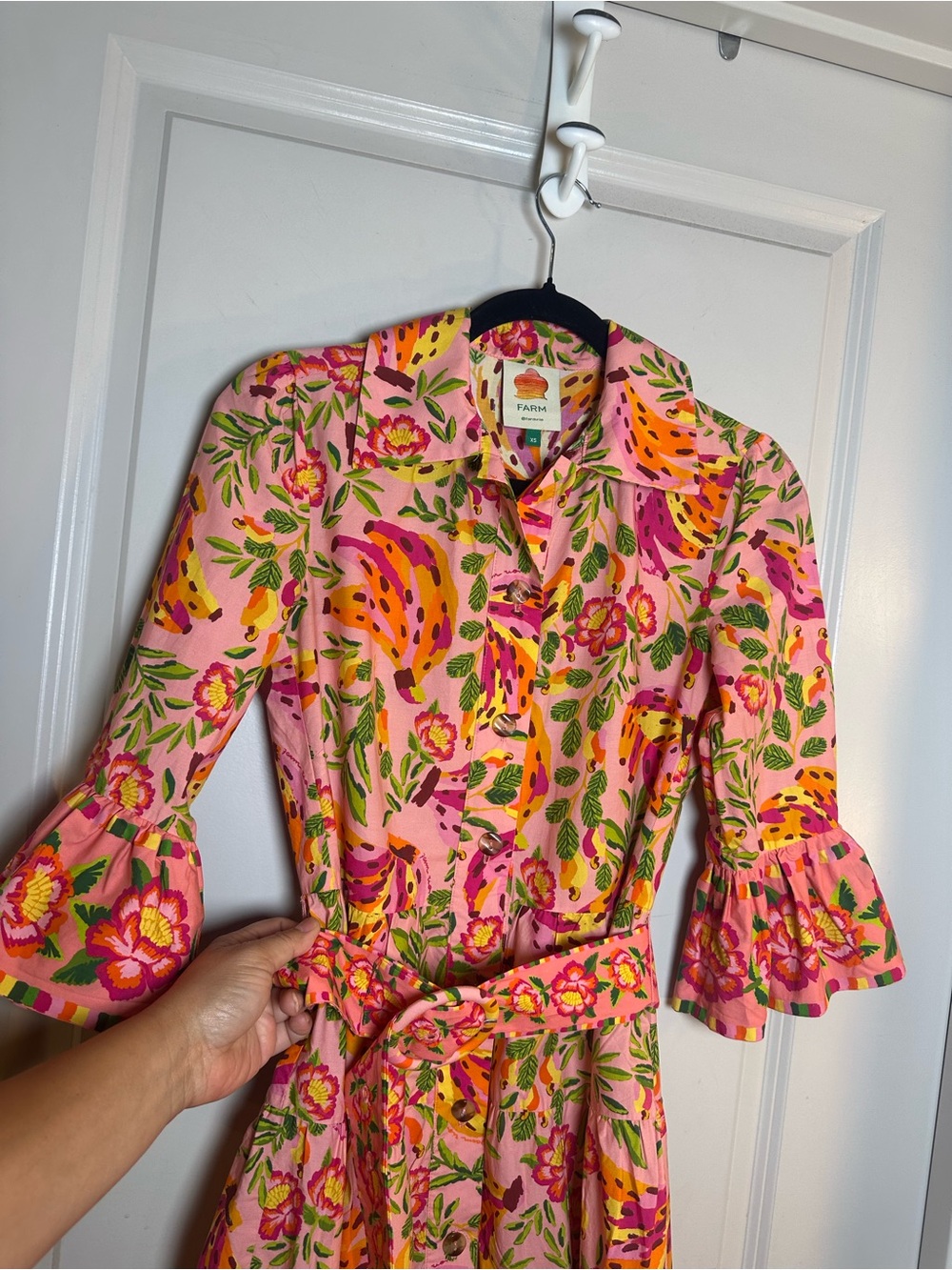 FARM RIO Painted Bananas Organic Cotton Ruffle Belted Mini Dress - Size XS - Picture 11 of 13